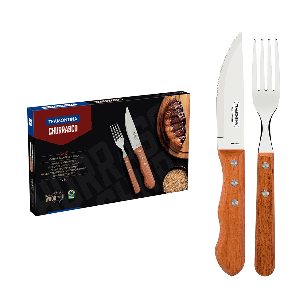 Tramontina Dynamic Barbecue Set with Stainless Steel Blades and Natural Wood Handles 12 Pieces