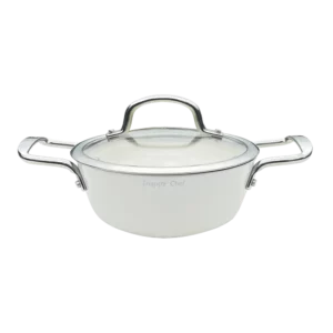White saucepan with glass lid and stainless steel handles on both sides