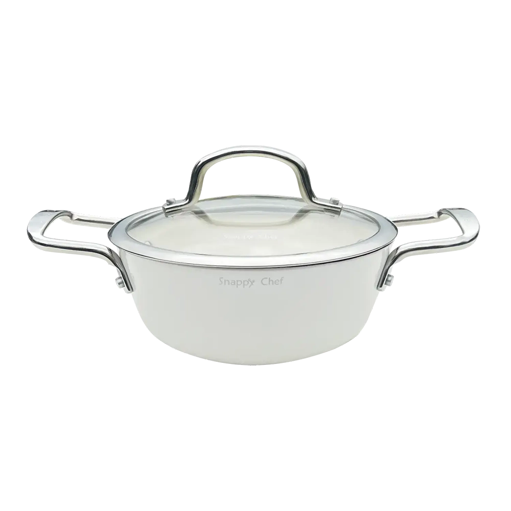 White saucepan with glass lid and stainless steel handles on both sides